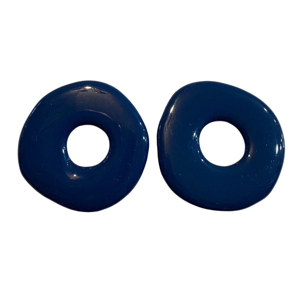 1980 Navy Blue Enamel Open Circle Stud Earrings Geometric Glossy Donut Post Back